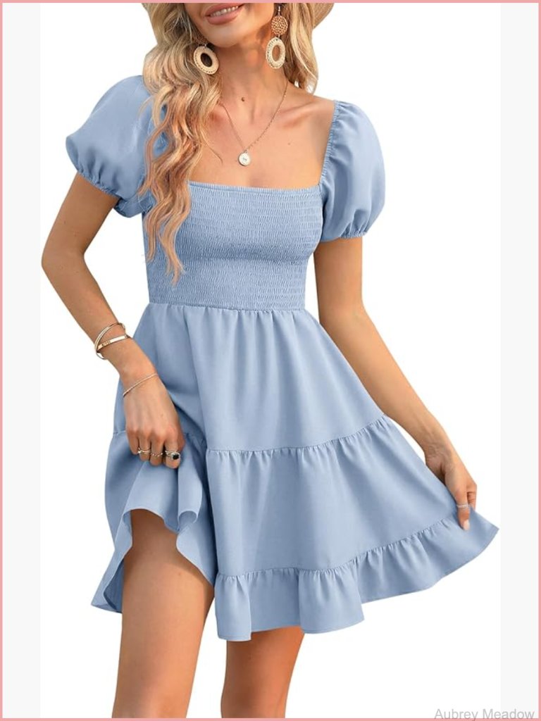 Women's Puff Sleeve Square Neck Smocked Babydoll Mini Dress Boho Floral Print
